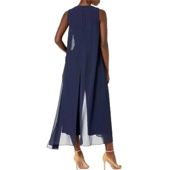 Tahari Jumpsuit ASL Navy Wide Leg Cropped Cape Style Sleeveless Pockets Size 6 - Picture 5 of 9